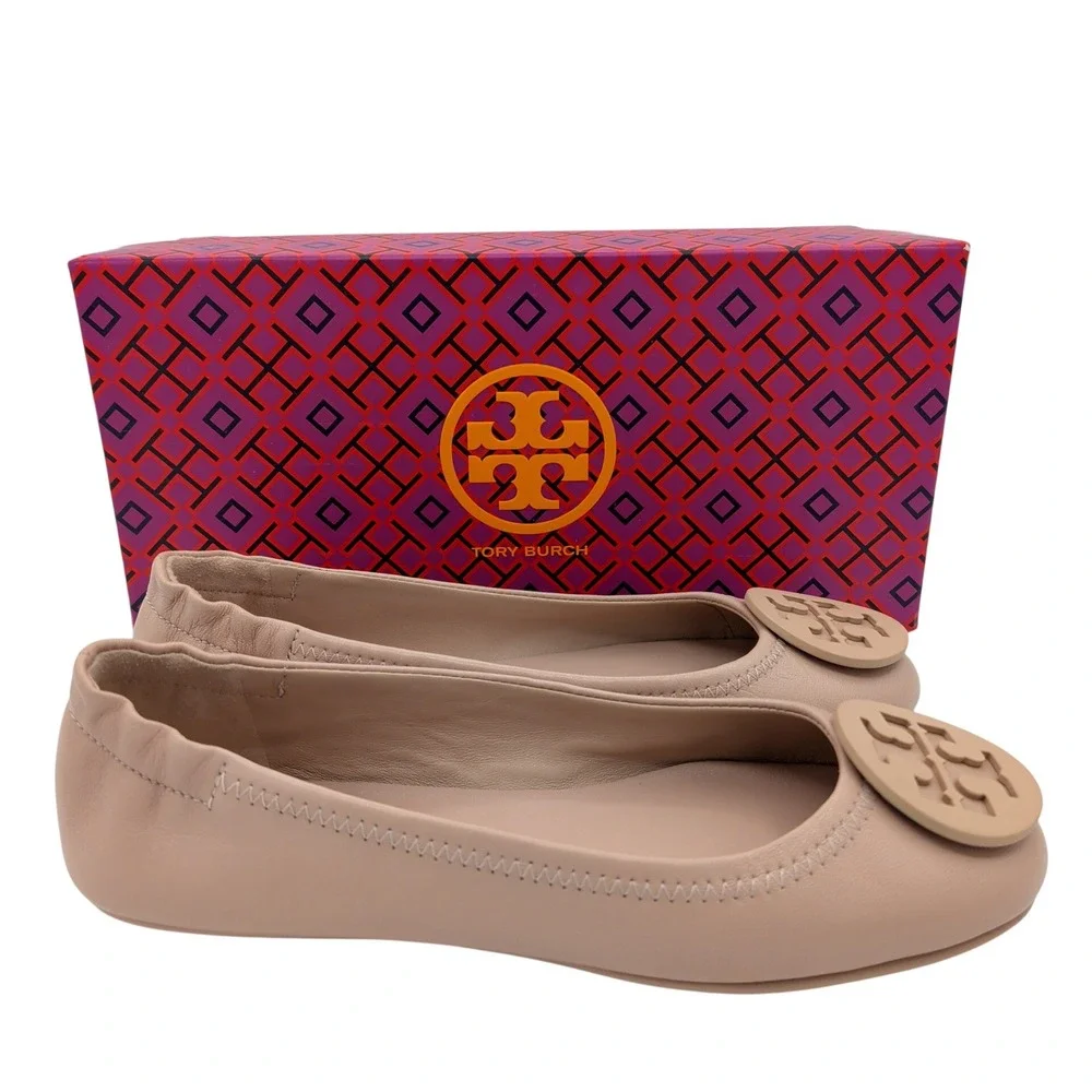 Tory Burch Minnie Travel Ballet Flats Goan Sand Leather Logo 51158251 Womens 5